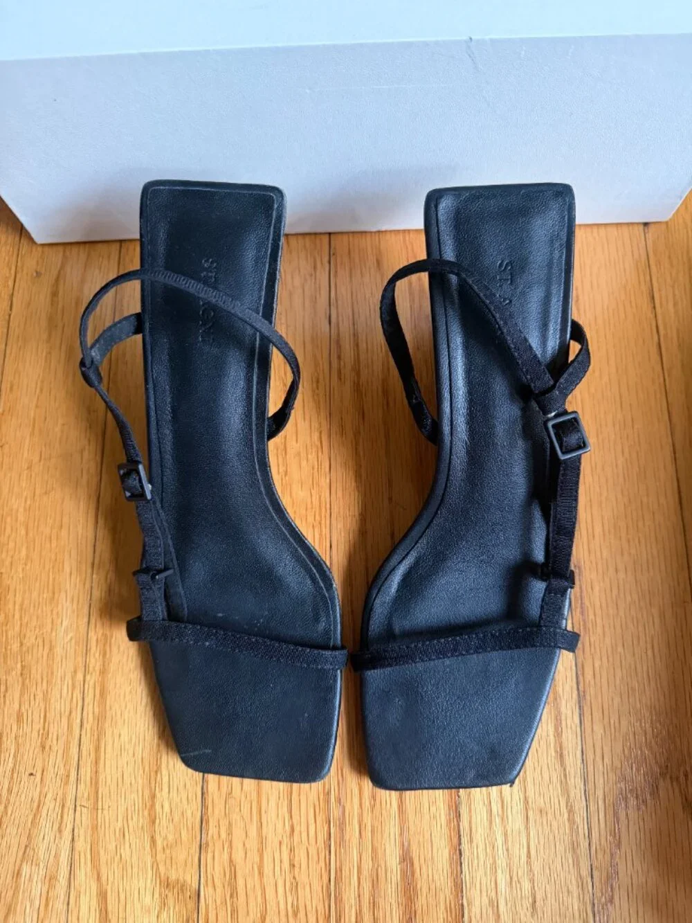 St. Agni Brasserie Wedge Black Leather Strappy Sandals Square Toe Heel